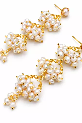 Freshwater pearl cluster drop earrings with gold-tone chain