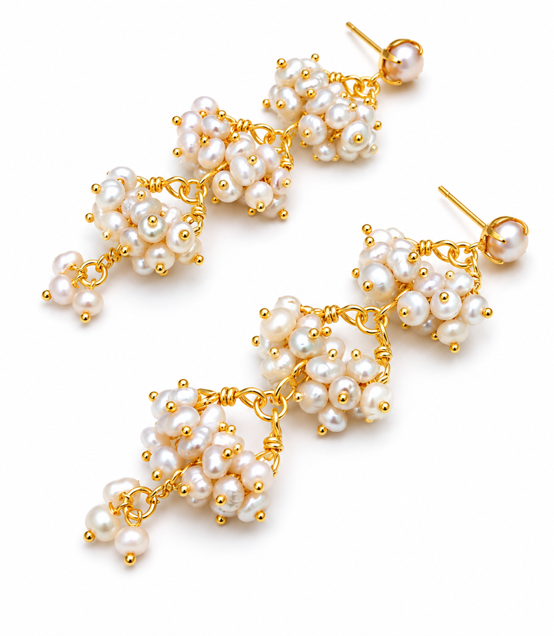 Freshwater pearl cluster drop earrings with gold-tone chain