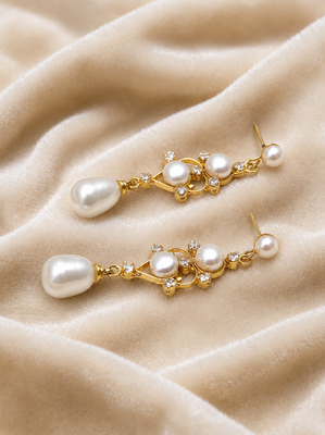 Pearl drop dangle earrings with crystal accents, gold tone 1