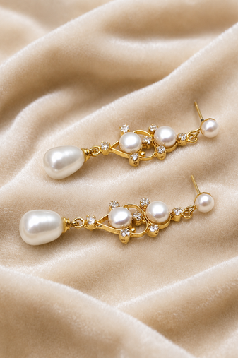 Pearl drop dangle earrings with crystal accents, gold tone