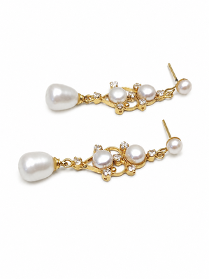 Pearl drop dangle earrings with crystal accents, gold tone 3