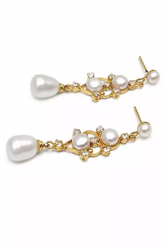 Pearl drop dangle earrings with crystal accents, gold tone