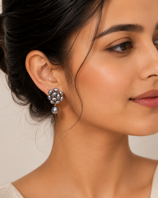Grey baroque pearl cluster drop earrings with single pearl 1