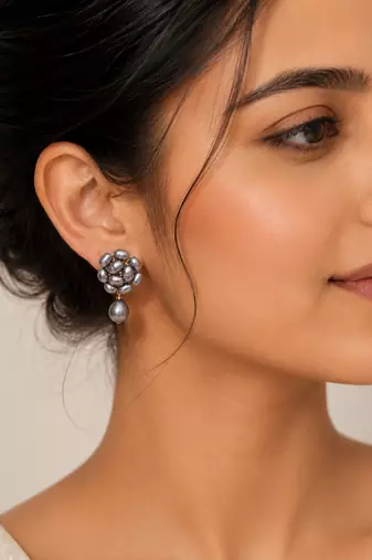 Grey baroque pearl cluster drop earrings with single pearl