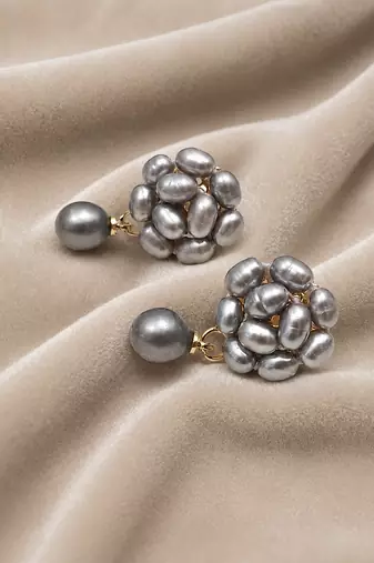 Grey baroque pearl cluster drop earrings with single pearl