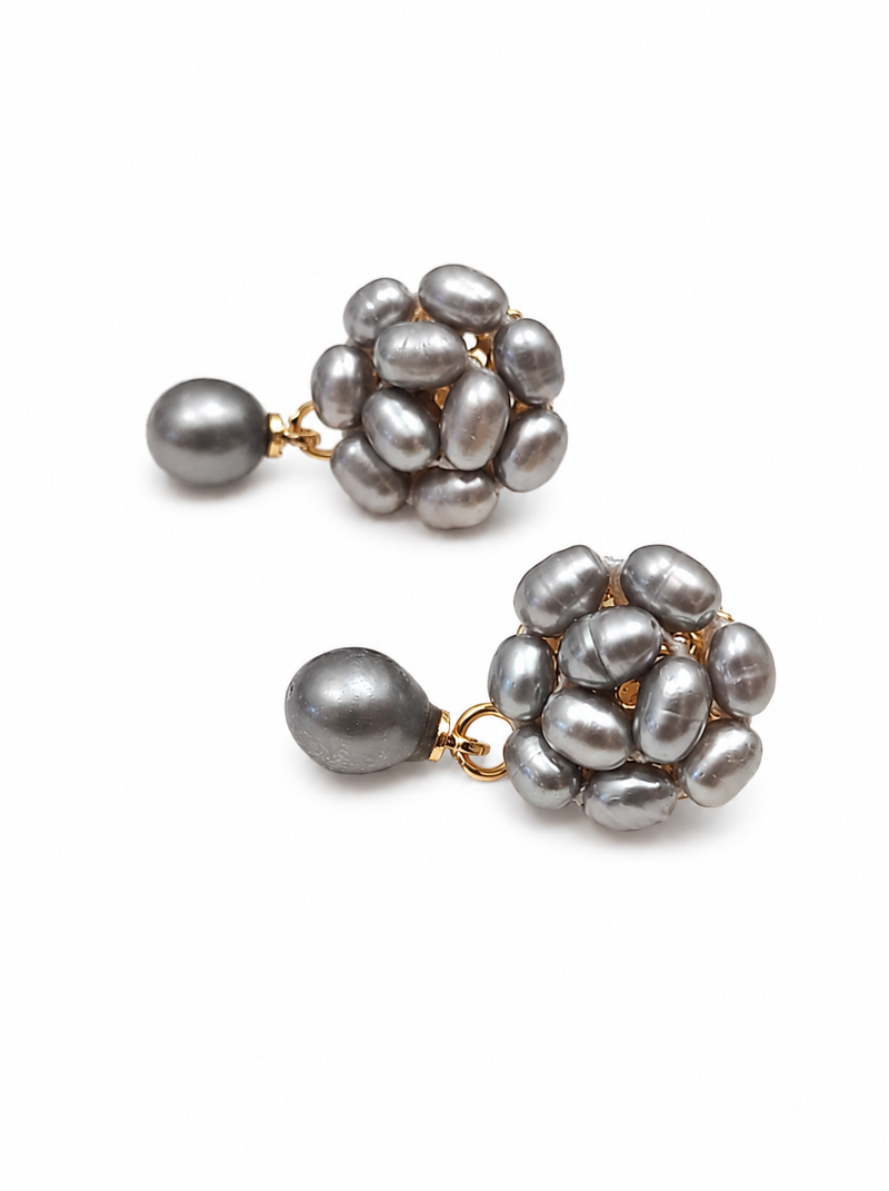Grey baroque pearl cluster drop earrings with single pearl
