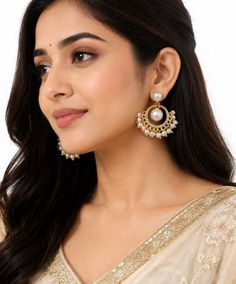 Pearl chandbali earrings with gold-tone hoop and crystal accents 1