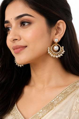Pearl chandbali earrings with gold-tone hoop and crystal accents