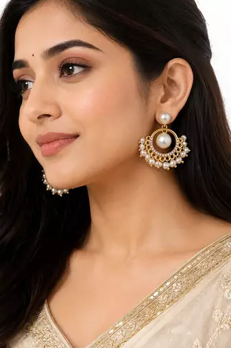 Pearl chandbali earrings with gold-tone hoop and crystal accents
