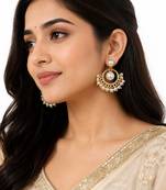 Pearl chandbali earrings with gold-tone hoop and crystal accents