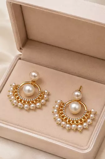 Pearl chandbali earrings with gold-tone hoop and crystal accents