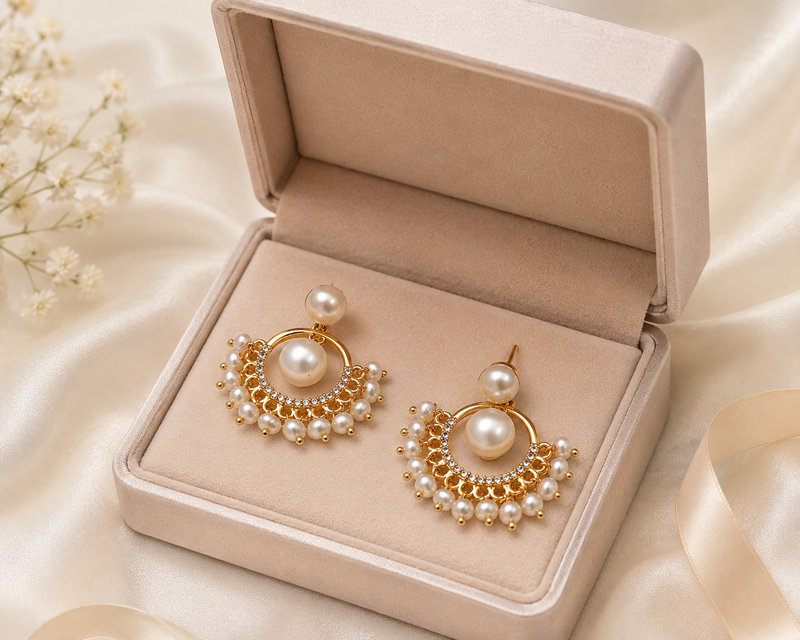 Pearl chandbali earrings with gold-tone hoop and crystal accents