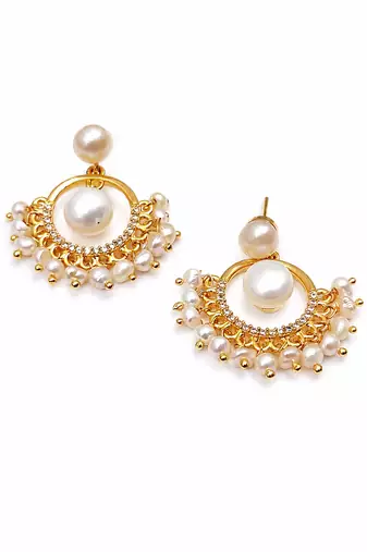 Pearl chandbali earrings with gold-tone hoop and crystal accents