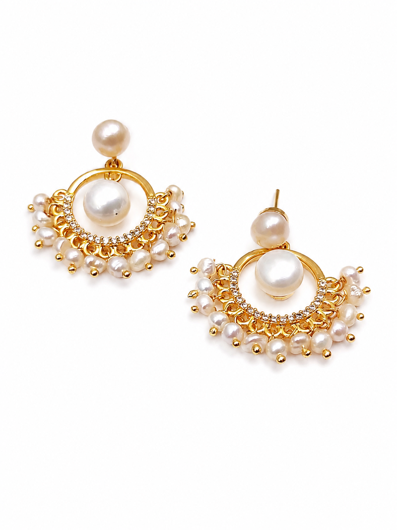 Pearl chandbali earrings with gold-tone hoop and crystal accents