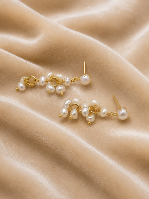 Natural freshwater pearl cluster drop earrings with gold-tone chain 1