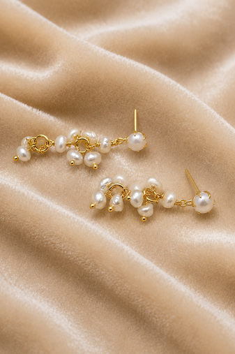 Natural freshwater pearl cluster drop earrings with gold-tone chain