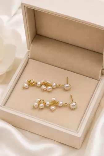 Natural freshwater pearl cluster drop earrings with gold-tone chain