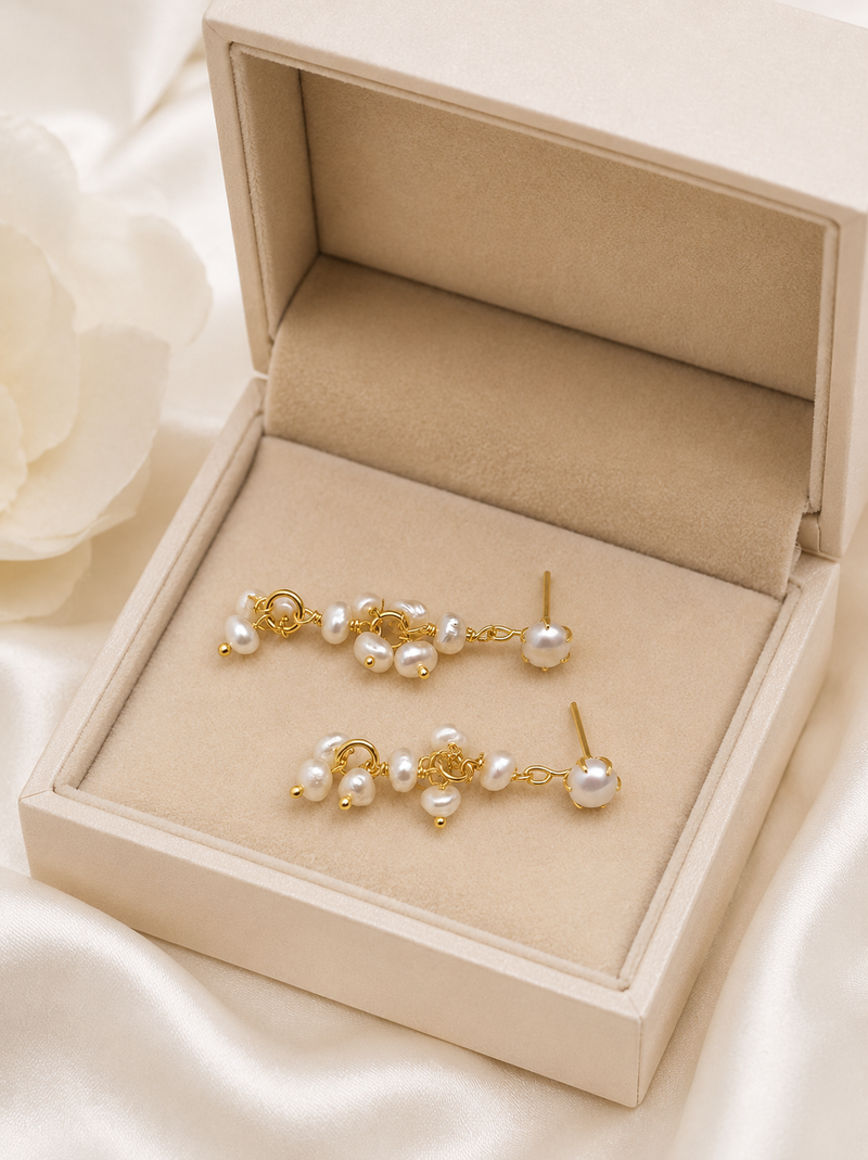 Natural freshwater pearl cluster drop earrings with gold-tone chain