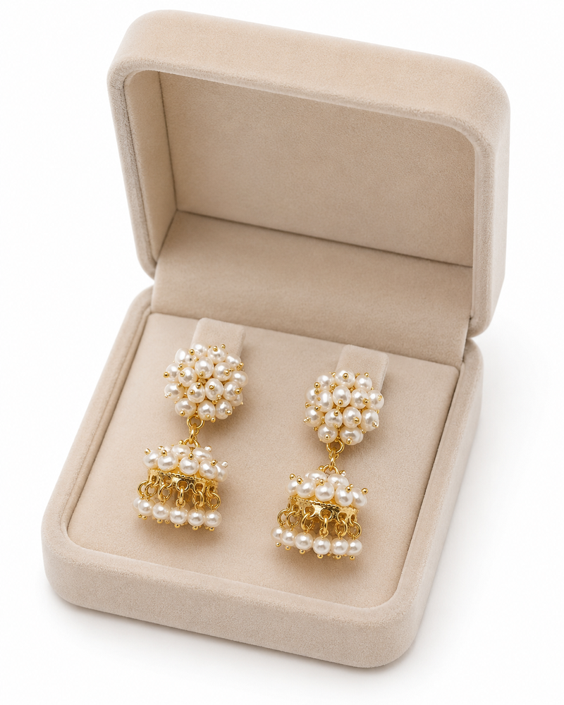 Freshwater pearl cluster drop earrings with gold-tone chain earring set