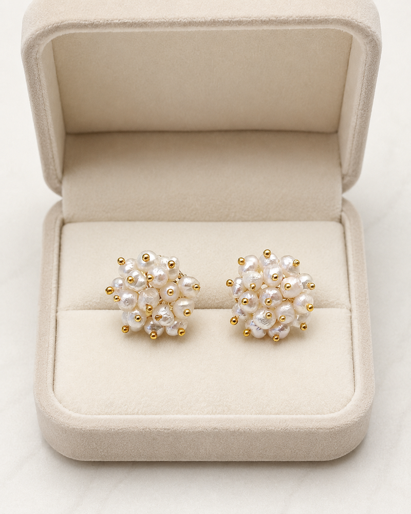 Freshwater pearl cluster stud earrings with gold beads