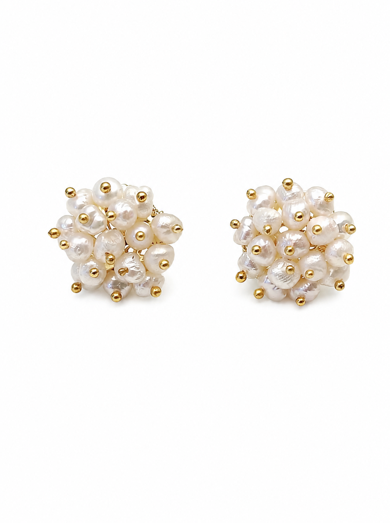 Freshwater pearl cluster stud earrings with gold beads