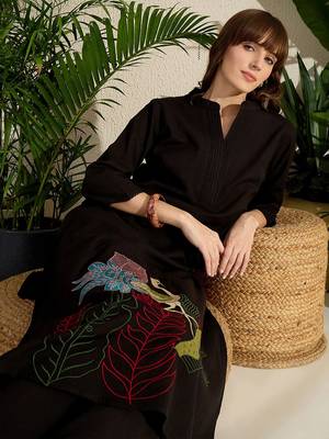 Adults-Women Woven Design Embroidered A-Line Kurta with Palazzos 1