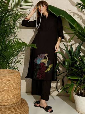 Adults-Women Woven Design Embroidered A-Line Kurta with Palazzos 5
