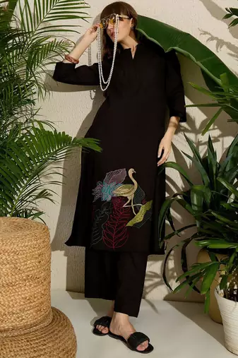 Adults-Women Woven Design Embroidered A-Line Kurta with Palazzos