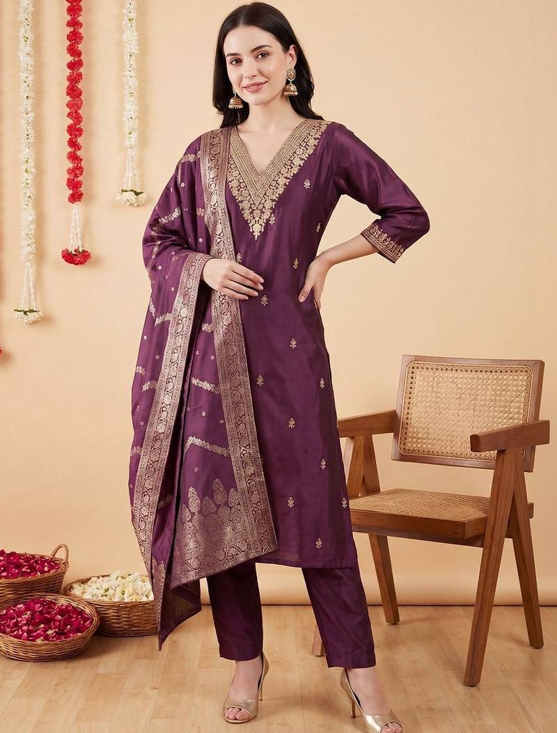 Women Ethnic Motifs Embroidered Regular Thread Work Kurta with Trousers & With Dupatta