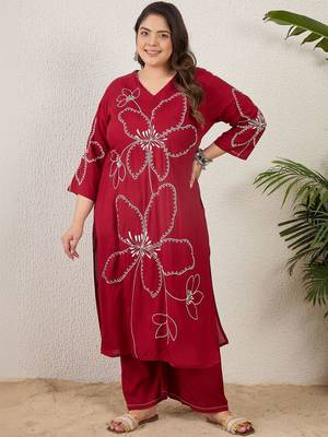 Plus Size Maroon Embroidered Straight Kurta Palazzos Set 1