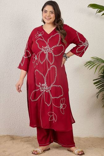 Plus Size Maroon Embroidered Straight Kurta Palazzos Set