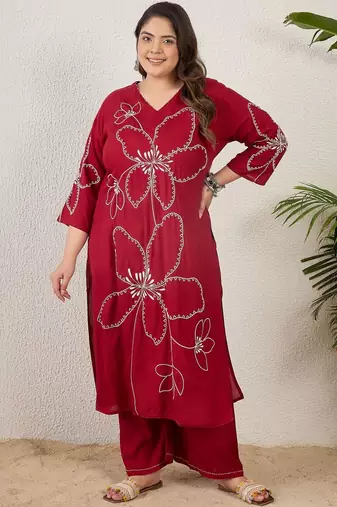Plus Size Maroon Embroidered Straight Kurta Palazzos Set