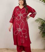 Plus Size Maroon Embroidered Straight Kurta Palazzos Set