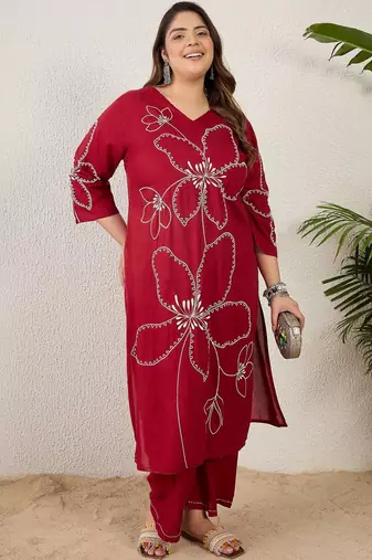 Plus Size Maroon Embroidered Straight Kurta Palazzos Set