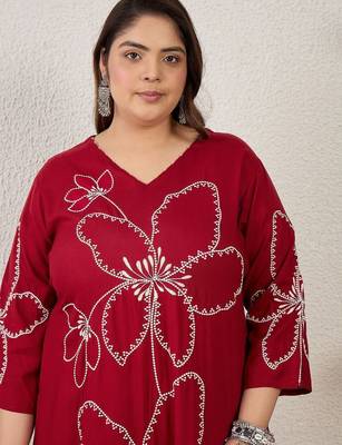 Plus Size Maroon Embroidered Straight Kurta Palazzos Set 3