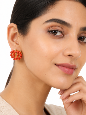 Coral bead stud earrings with gold twisted wire detail 1