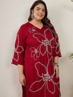 Plus Size Maroon Embroidered Straight Kurta Palazzos Set 4