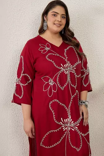 Plus Size Maroon Embroidered Straight Kurta Palazzos Set