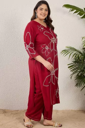 Plus Size Maroon Embroidered Straight Kurta Palazzos Set