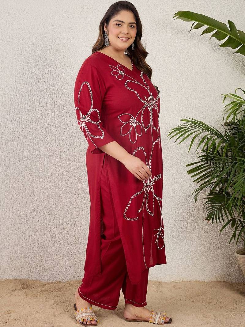 Plus Size Maroon Embroidered Straight Kurta Palazzos Set