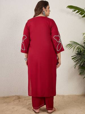 Plus Size Maroon Embroidered Straight Kurta Palazzos Set 6
