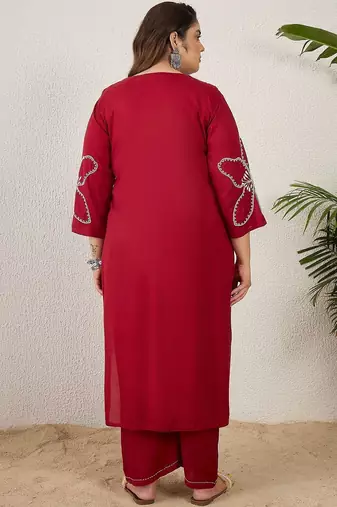 Plus Size Maroon Embroidered Straight Kurta Palazzos Set