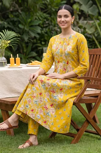 Women Floral Printed Pleated  Cotton Kurta with Trousers