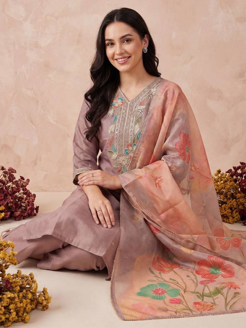 Women Floral Embroidered Regular Mirror Work Kurta with Trousers & With Dupatta
