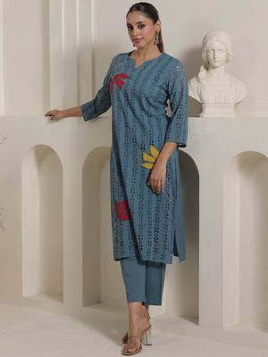 Women Embroidered  Cotton Kurta With Trouser 1