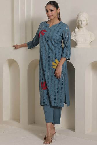 Women Embroidered  Cotton Kurta With Trouser