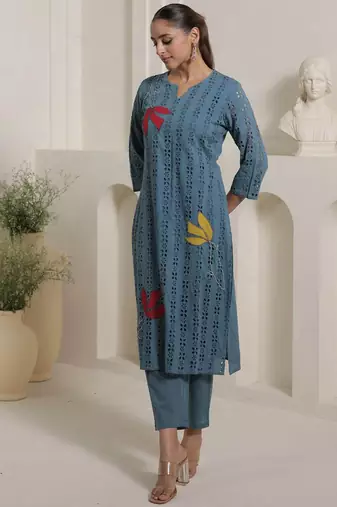 Women Embroidered Pure Cotton Kurta With Trouser