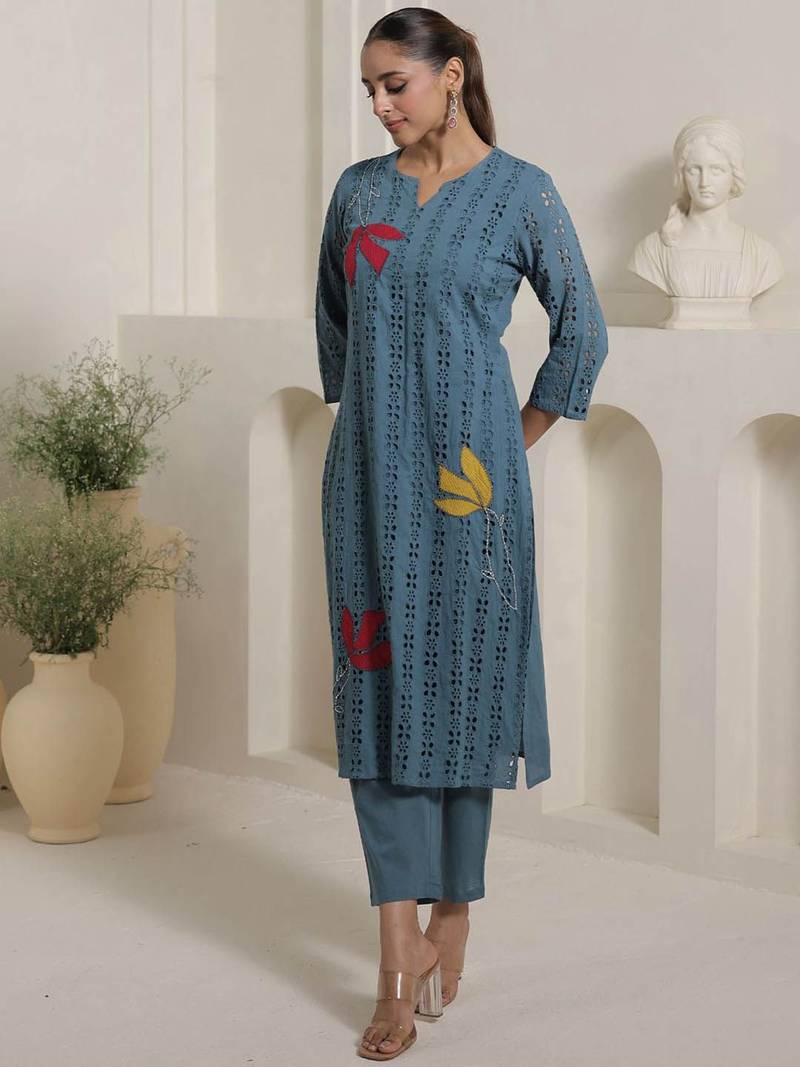 Women Embroidered  Cotton Kurta With Trouser