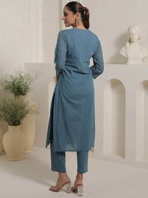 Women Embroidered  Cotton Kurta With Trouser 5