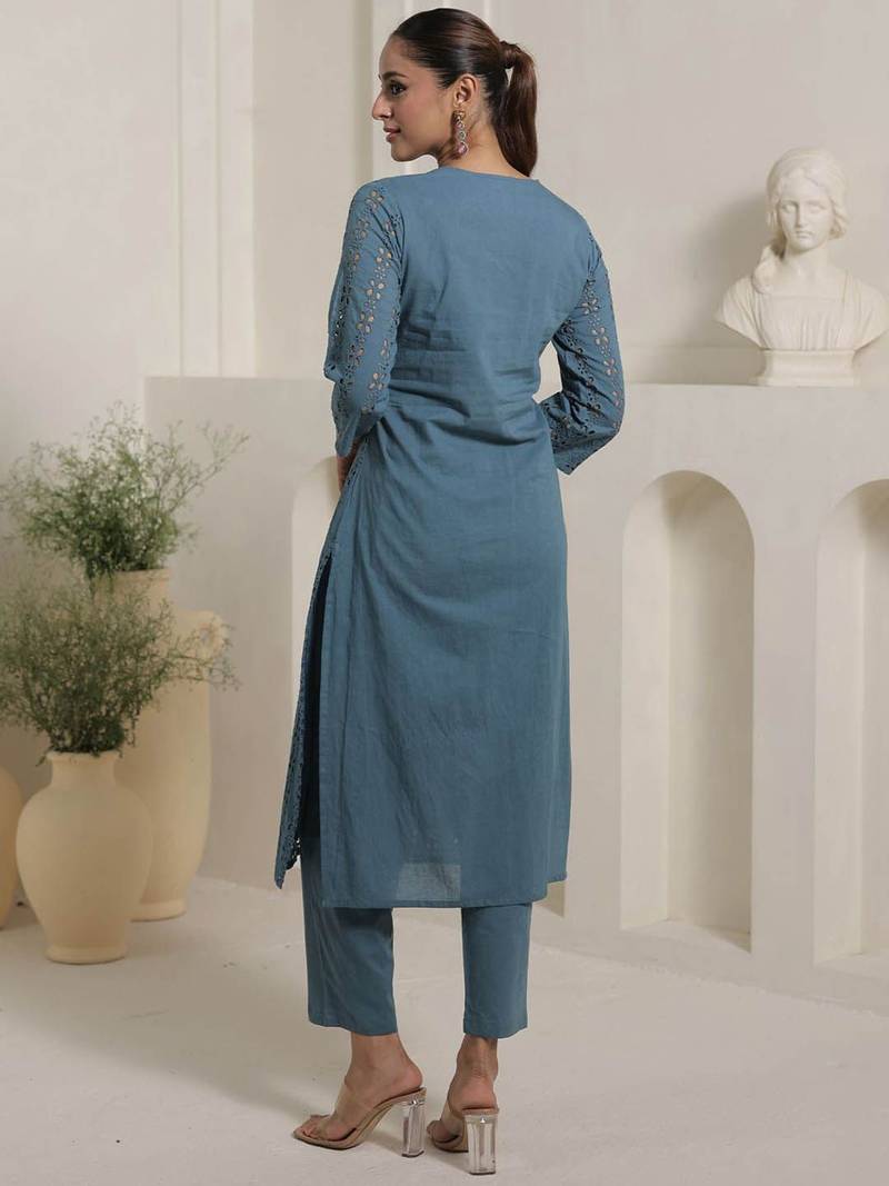 Women Embroidered  Cotton Kurta With Trouser